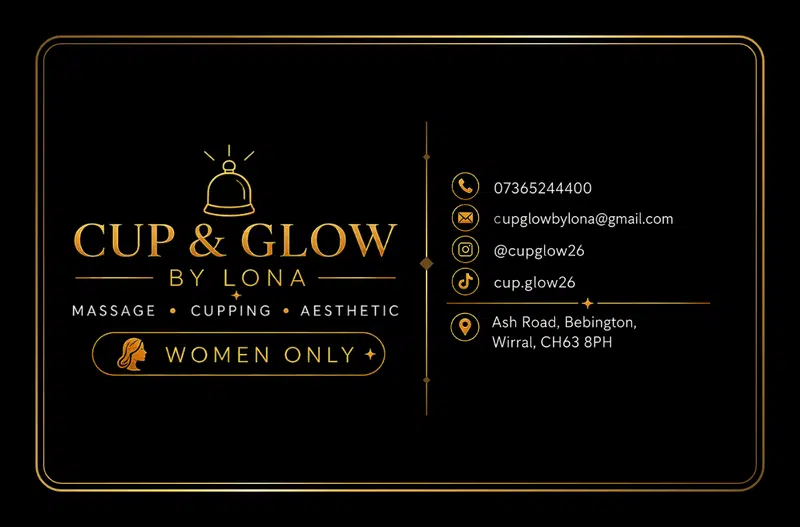 Cup & Glow by Lona business card, women only, Bebington
