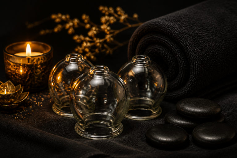 Glass cupping cups, candlelight and black spa stones