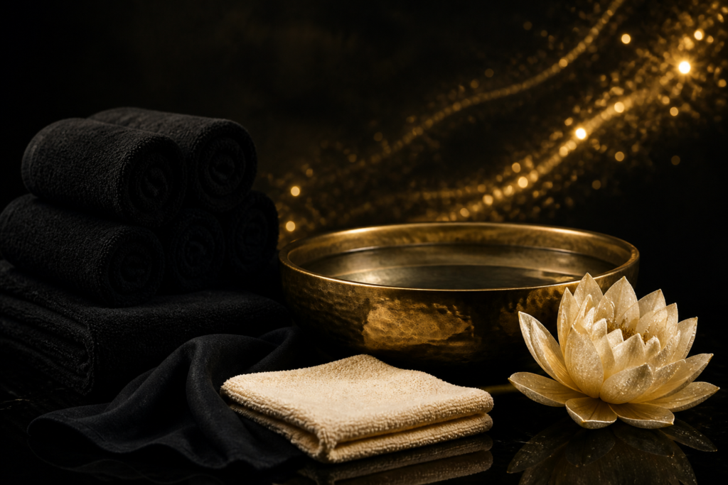 Luxury facial still life with gold bowl, black towels and a cream flower