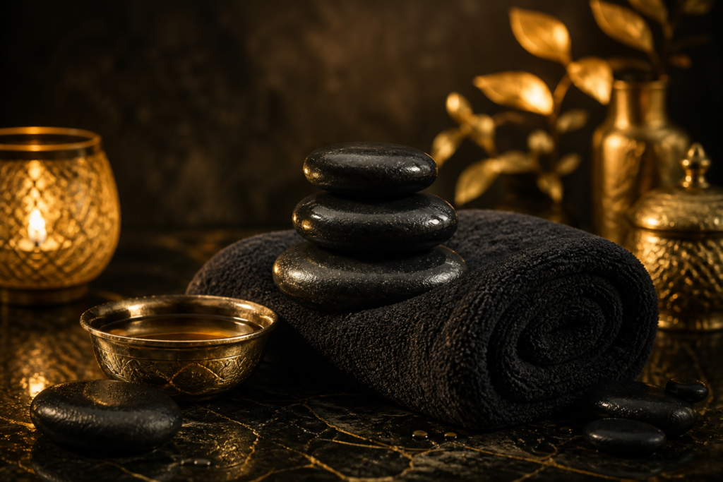 Hot basalt massage stones on a black towel with a gold dish of oil