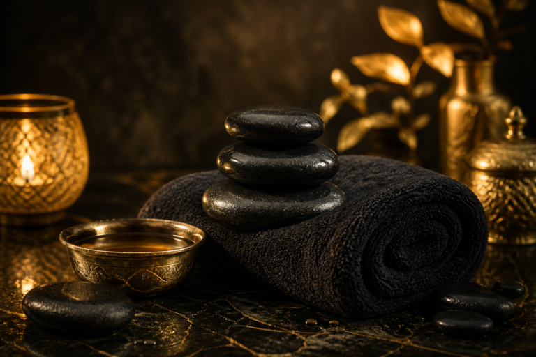 Hot basalt massage stones on a black towel with a gold dish of oil